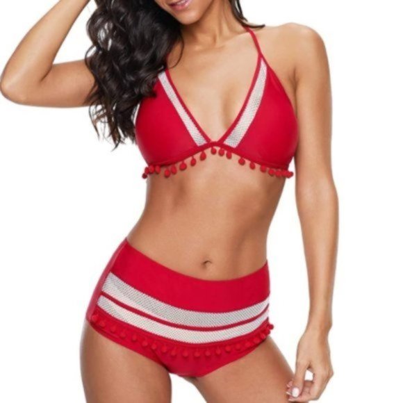 Other - NWT  PLUS Trendy Pom-Pom High Waist Striped Bikini